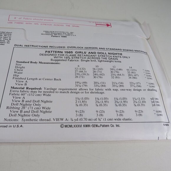 Kwik Sew 1565 Girl NIGHT SHIRT & DOLL SHIRT size 8-14 UNCUT Sewing Pattern - Picture 5 of 7